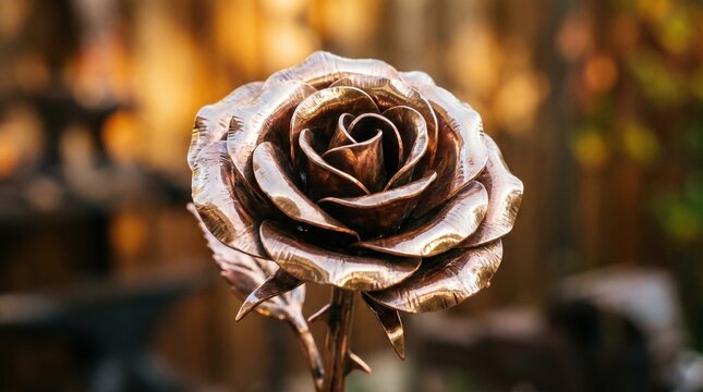 A close-up of a polished copper or bronze rose sculpture with smooth, textured petals that mimic natural veining. Warm golden and amber bokeh in the blurred background enhances the metallic sheen.