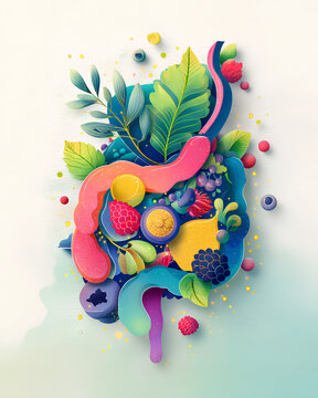 Colorful abstract gut health illustration with fruits vegetables and grains representing healthy digestion microbiome wellness and nutrition concept