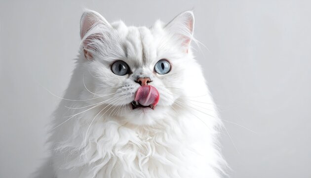 White cat licking lips clean fur.