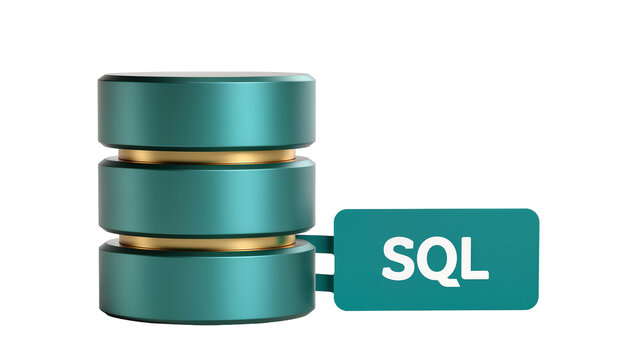 Teal stacked cylinders with gold accents and SQL text