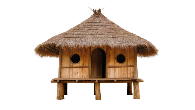 Rustic thatched roof hut with wooden structure and round windows