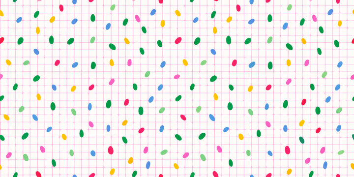 Colorful confetti sprinkles scattered across a light pink grid background