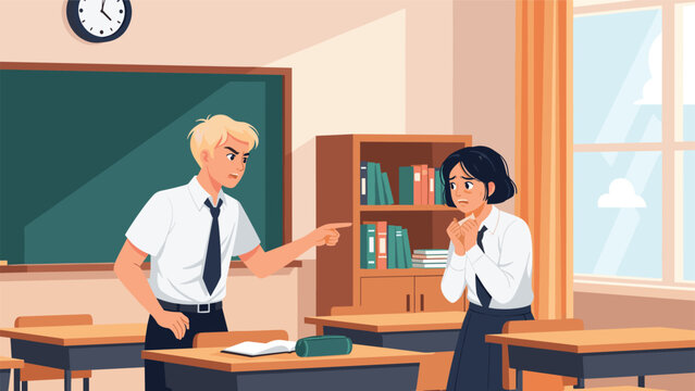 Aggressive schoolboy shouts and points a finger at a scared female classmate inside a classroom setting representing school bullying.