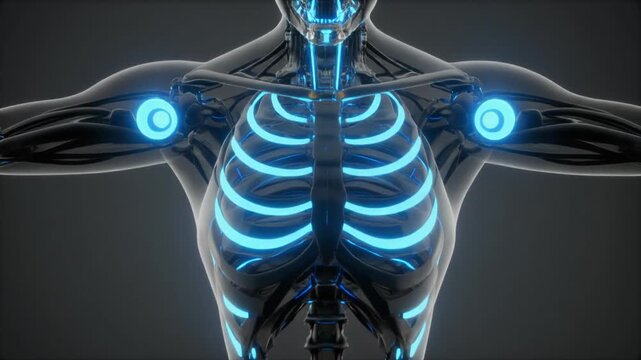 Glowing Blue Human Skeleton Anatomy with Radiant Ribcage and Shoulder Joints in a Dark Gradient Background, Medical 3D Rendering