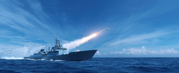 Obraz premium Naval vessel launching a powerful missile across vast blue open ocean waters.