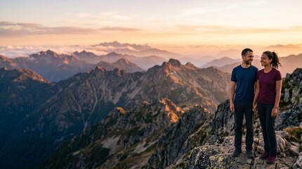 Obraz premium Diverse young couple holding hands on mountain peak at sunset while hiking.
