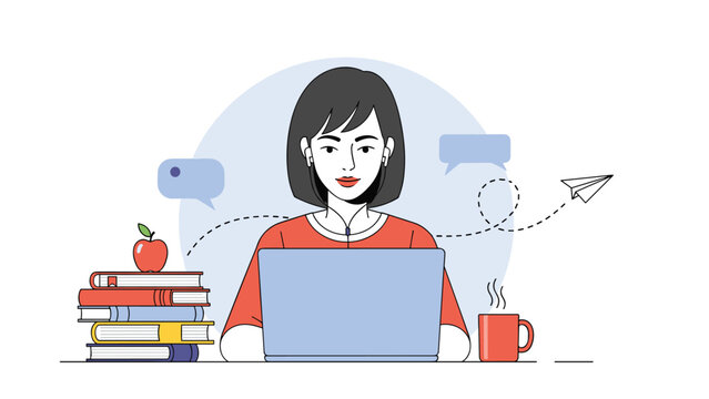 Focused young woman works on her laptop at a desk with a stack of books and a mug of coffee representing remote study or work.