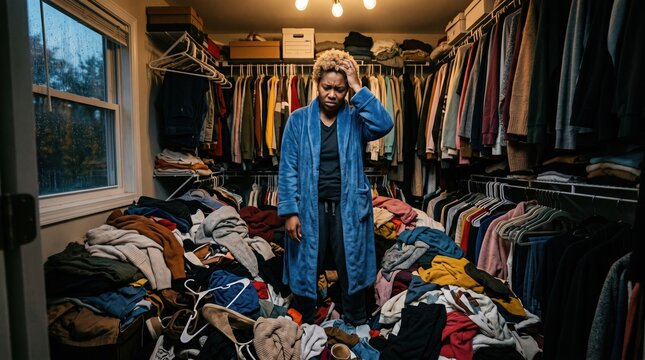 African American woman in blue robe stands in cluttered bedroom closet filled with clothes, looking overwhelmed by the disorganized mess surrounding her