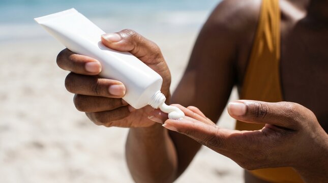 Black woman applying sunscreen lotion from tube at sunny beach.