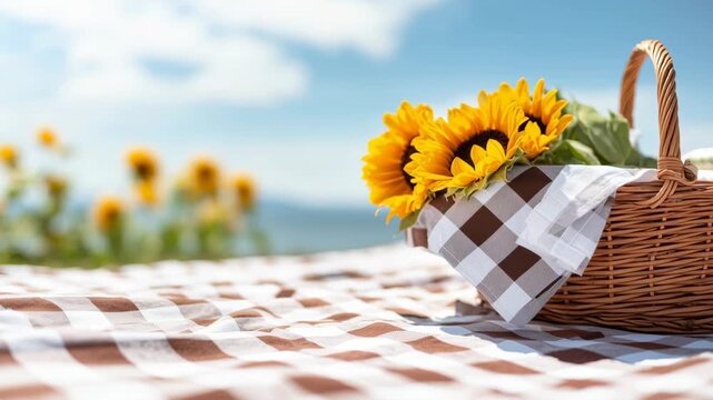 Wicker basket with sunflower on checkered blanket during summer picnic. Outdoor recreation and leisure concept. Sunny day in meadow with blue sky and floral scenery.