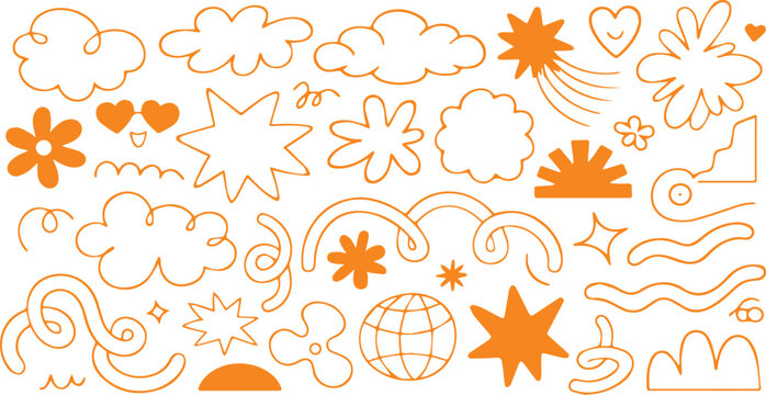 Retro orange doodle vector set, hand drawn aesthetic line art elements, vintage 90s y2k style stickers, playful cloud and star icons for social media