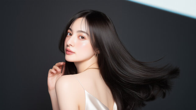 艶のある黒髪の日本人女性、ヘアケア、ヘアサロン、ロングヘア