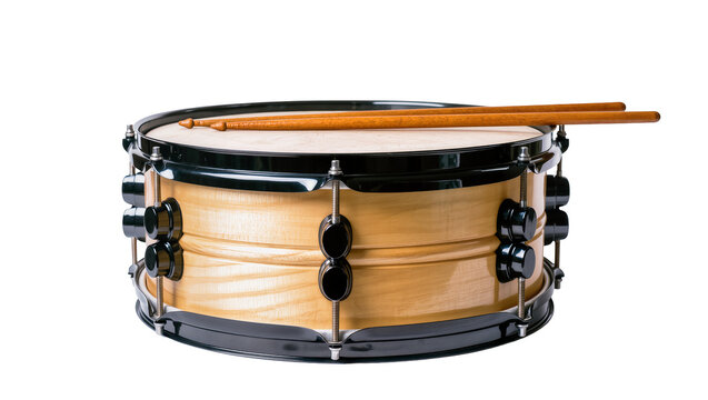 Wooden Snare Drum with Black Metal Hardware and Drumsticks