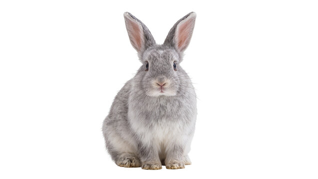 Gray fluffy rabbit sitting facing forward with long ears