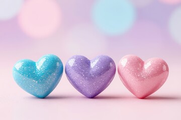 Obraz premium Three Glittery Hearts in Pastel Colors on Soft Background