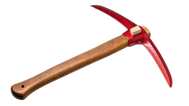 Red headed pickaxe with wooden handle and metal point