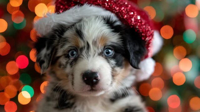 Puppy dog australian shepherd christmas santa hat portrait with colorful lights