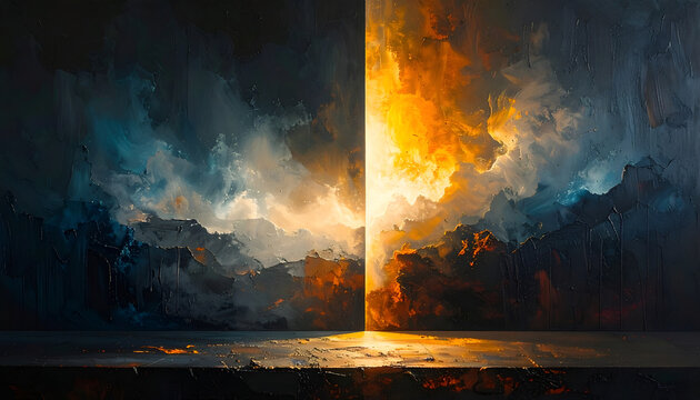 A striking abstract painting depicts a dramatic split landscape, contrasting cool blue and stormy skies with fiery orange and golden hues, creating a powerful visual dichotomy.