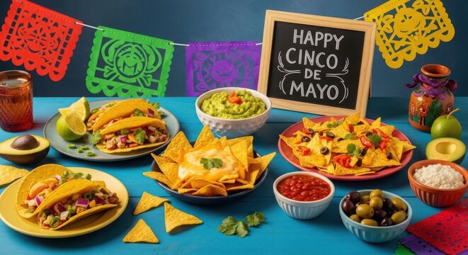 A table with a variety of mexican food and a sign that says happy cinco de mayo