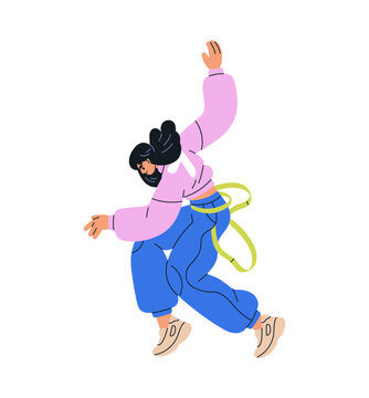 Girl performing breakdance movement. Female dancing hiphop. Young woman in freestyle performance. Hip-hop dancer breaking, dynamic toprock step. Flat vector illustration isolated on white background
