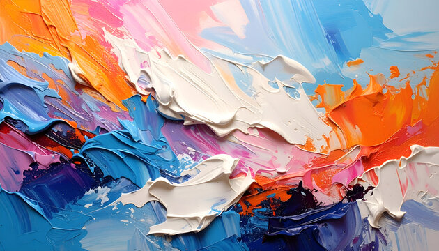 A vibrant abstract painting showcases thick, textured brushstrokes in a dynamic interplay of blues, oranges, pinks, and whites, creating a sense of movement and energy.
