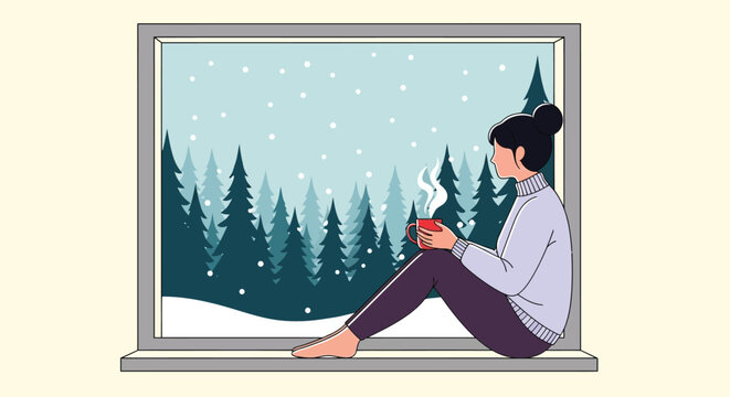 A woman sits by a window gazing out at a snowy landscape while enjoying a warm drink