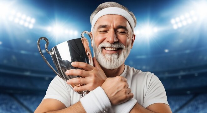 Joyful Senior Champion Hugging Silver Trophy Cup in a Brightly Lit Spo
