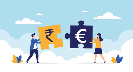 Fototapeta premium Two individuals collaborating to connect puzzle pieces featuring Rupee and Euro currency symbols, representing international currency exchange and global financial partnership.