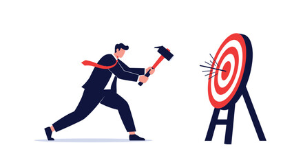 Determined businessman powerfully hitting a bullseye target with a large hammer, symbolizing goal achievement, direct strategy, and overcoming business challenges.