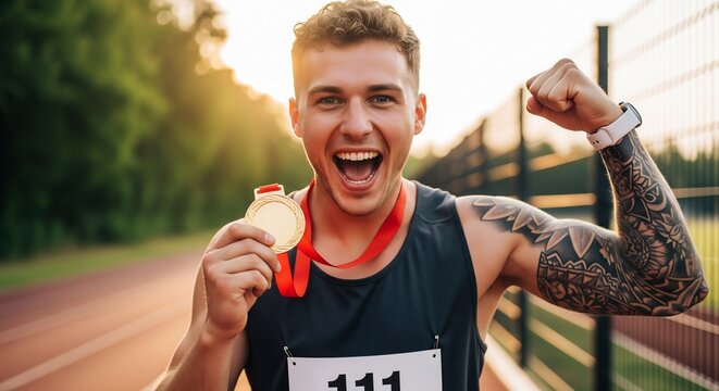Joyful young male athlete celebrating victory holding a gold medal on