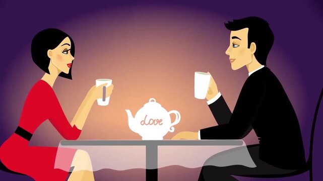 Romantic Couple Having Tea or Coffee at Dinner Table Date Night and Relationship Concept 2D Animation