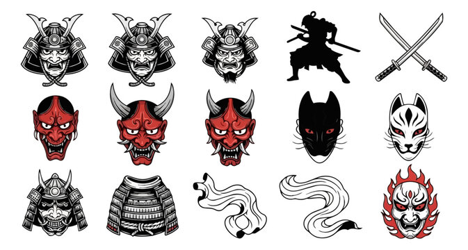 Japanese samurai masks and swords illustration on black background