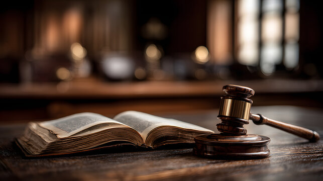 A wooden gavel and open book on a desk in a courtroom setting with blurred background