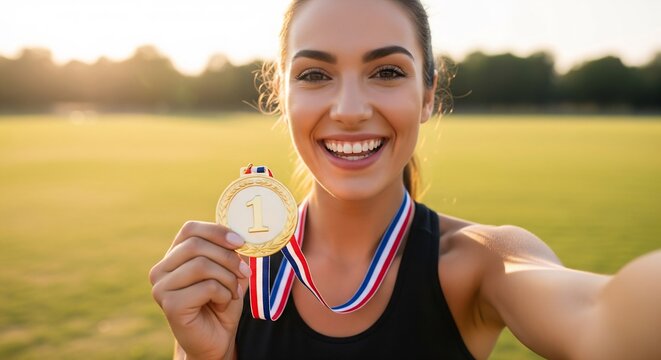 Happy Female Athlete Holding Gold Medal for Winning First Place Taking