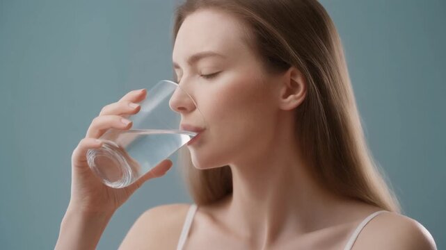 Woman drinking water from a glass feels refreshed and hydrated with a satisfied expression on her face