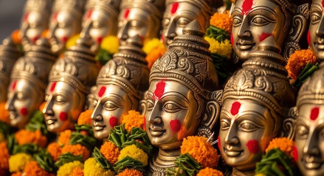 Kharchi Puja Rituals: Close-up of Fourteen Brass Deity Heads Chaturdasha Devta with Marigold Garlands and Vermilion Textures in Tripura India