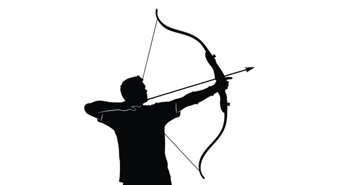 A skilled archer silhouette preparing to shoot an arrow with a powerful bow aiming towards the target, demonstrating precision and focus in this vector illustration graphic.