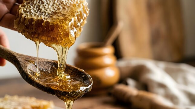 elicious golden honey dripping from a natural honeycomb into a rustic wooden spoon.