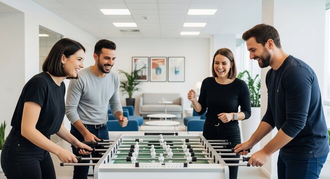 Diverse group of happy young colleagues playing foosball in a modern c