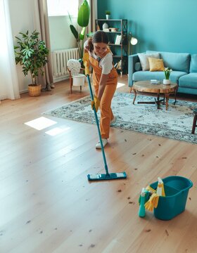 Home Serenity: A woman, captured mid-chore, utilizes a mop to cleanse the natural wood flooring of an immaculate domestic interior.