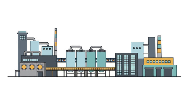 Modern Industrial Factory Complex with Multiple Buildings and Smokestacks.