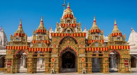 Fototapeta premium Entrance of Chaturdasha Devta Temple decorated with bamboo structures and colorful flags for Kharchi Puja festival under a clear blue sky in Tripura