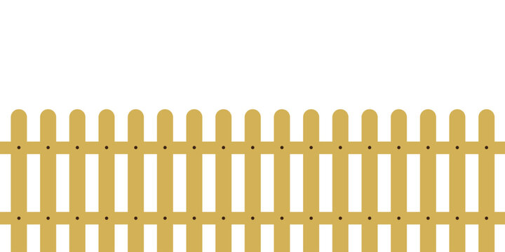 Vector illustration of a seamless tan wooden picket fence with rounded tops and two horizontal rails with white background