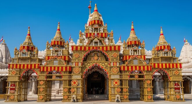 Entrance of Chaturdasha Devta Temple decorated with bamboo structures and colorful flags for Kharchi Puja festival under a clear blue sky in Tripura