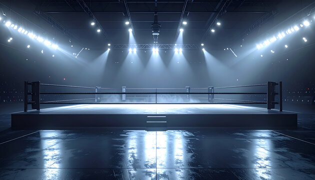 An empty boxing ring is illuminated by bright spotlights in a darkened arena, awaiting a competitive match.