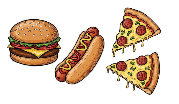 Hand drawn fast food combo vector burger hotdog pizza sketch illustration