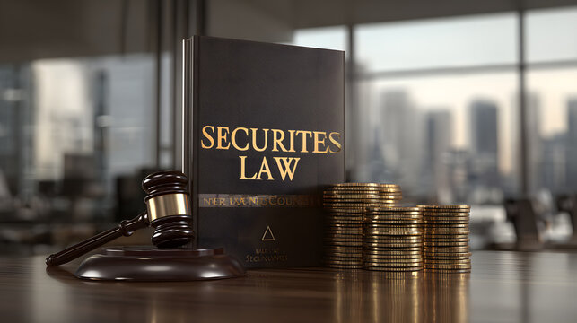 A book on securities law with a gavel and gold coins on a desk in an office