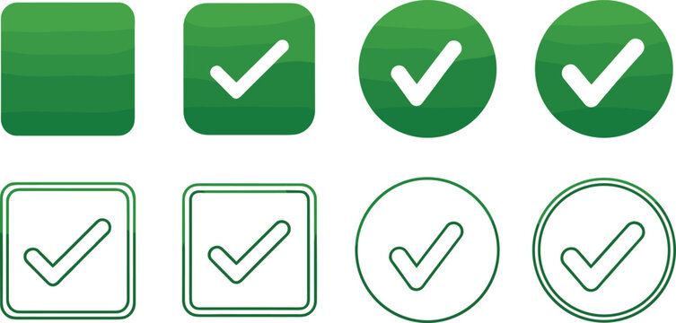 Green check mark symbols and shapes for confirmation or approval in various round and square formats vector.