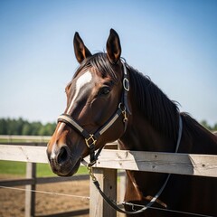 Fototapeta premium A beautiful horse with a distinctive marking on its face, peering out over a wooden fence
