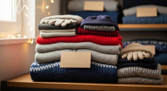 Cozy stacks of winter clothing, perfect for staying warm in colder weather. The image shows a collection of folded sweaters, hats and gloves. The stack of garments includes red, blue.